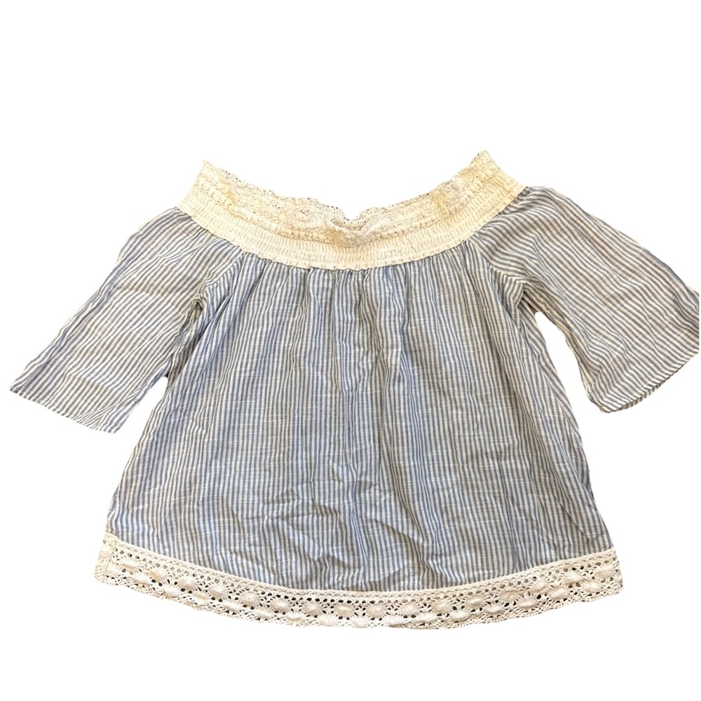 Aerie Blue White Striped Seersucker Off Shoulder Crochet Trim Bell Sleeve Top XS